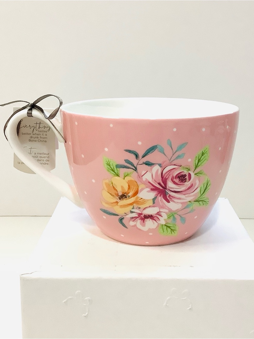 Fine Bone China The English Mug Co Pink Floral Rose Mug Blossoms Polka Dots NEW - Picture 2 of 8